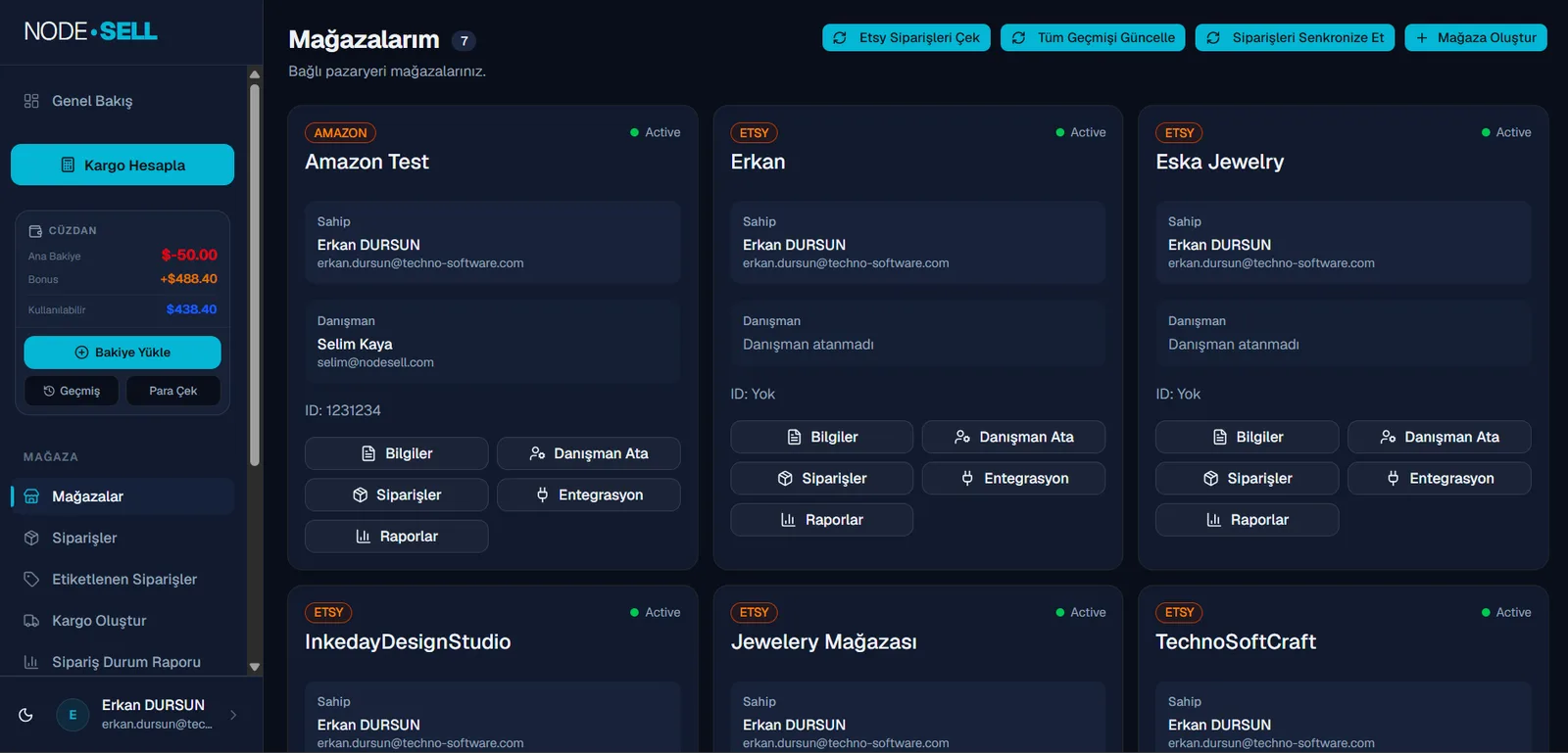 NodeSell Mağazalarım ekranı: bağlı Amazon ve Etsy mağazaları, sahip ve danışman bilgileriyle kart kart listeleniyor.
