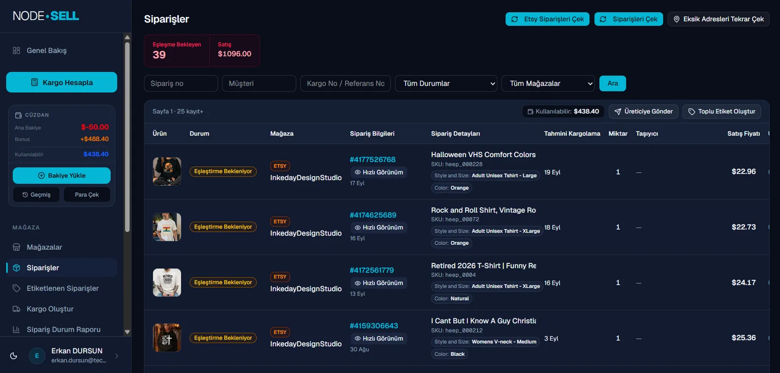 NodeSell Siparişler ekranı: pazaryeri siparişleri ürün görseli, durum, mağaza ve tutar bilgisiyle tek listede.